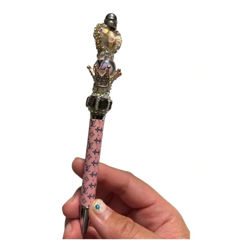 Custom Pink and Black Star Patterned Pen with Decorative Top